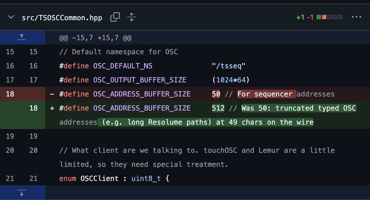 Screenshot of the pull request diff showing the OSC buffer fix from 50 to 512 characters