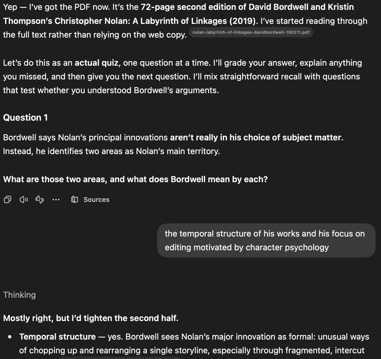 Screenshot of an LLM-based study tool quizzing the user on a document